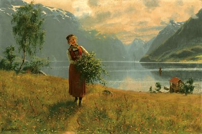Jong meisje met berken takken voor een Noorse fjord door Hans Dahl